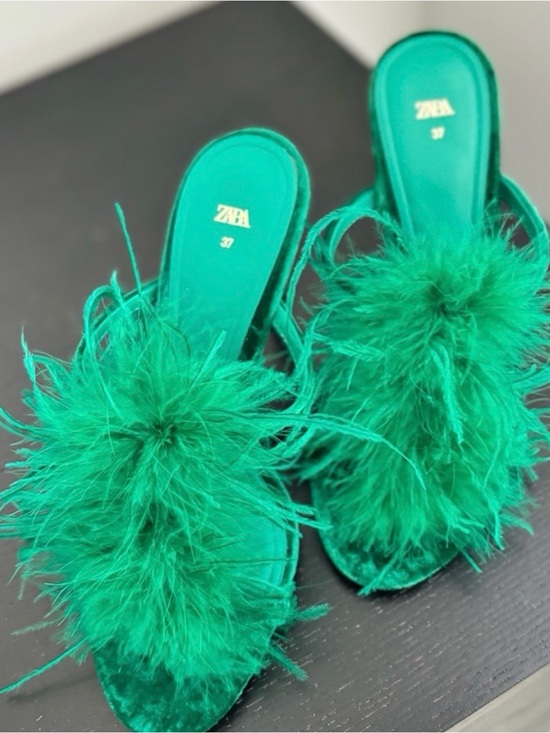 Zara Shoes - Zara Emerald Feather Mule Slides